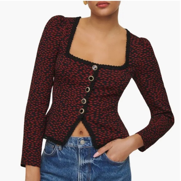 NWT Reformation Nikky Lace Trim Button Long Sleeve Top French Kiss Black Red 2 - Picture 1 of 6